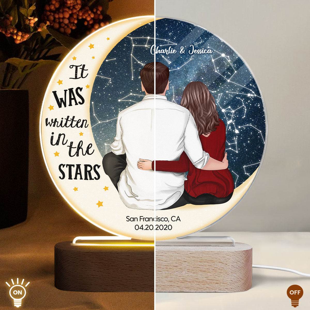 Love You To The Moon Couple Sitting On Moon Personalized Star Map Circle Acrylic Plaque With LED Night Light, Heartfelt Anniversary Gift For Her, For Him