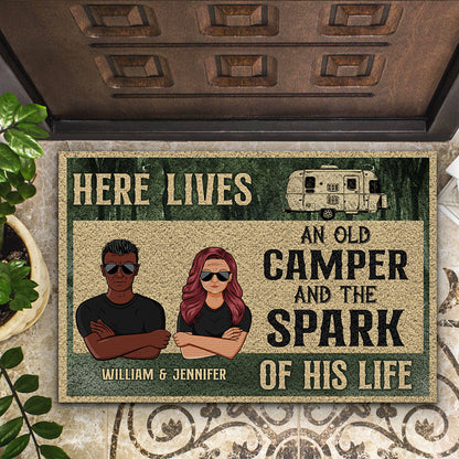 Here Lives An Old Camper Camping Couple - Personalized Custom Doormat