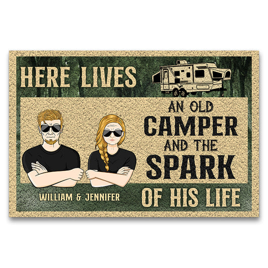 Here Lives An Old Camper Camping Couple - Personalized Custom Doormat