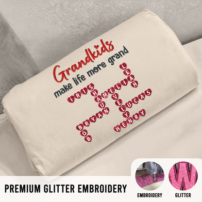 Grandkids The Greatest Gifts Crossword Puzzle Art Personalized Glitter Embroidery Sweater, Heartfelt Gift For Grandma