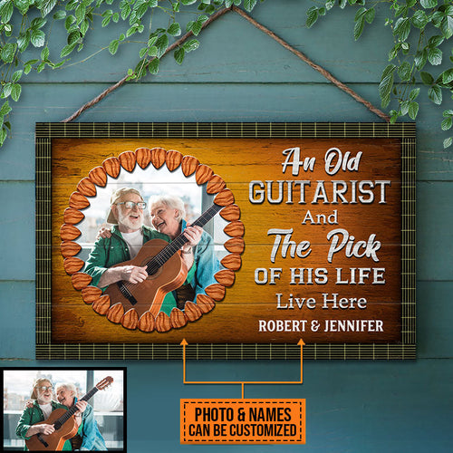 Custom Photo Gift Guitar Old Couple Live Here Custom Wood Rectangle Sign, Personalized Couple Gift