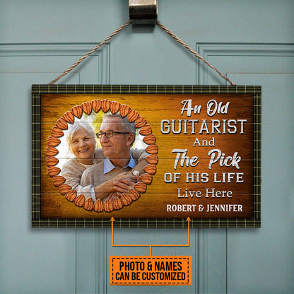 Custom Photo Gift Guitar Old Couple Live Here Custom Wood Rectangle Sign, Personalized Couple Gift