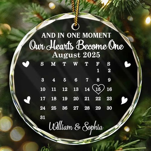 Calendar And In One Moment Our Hearts Become One - Personalized Circle Acrylic Ornament