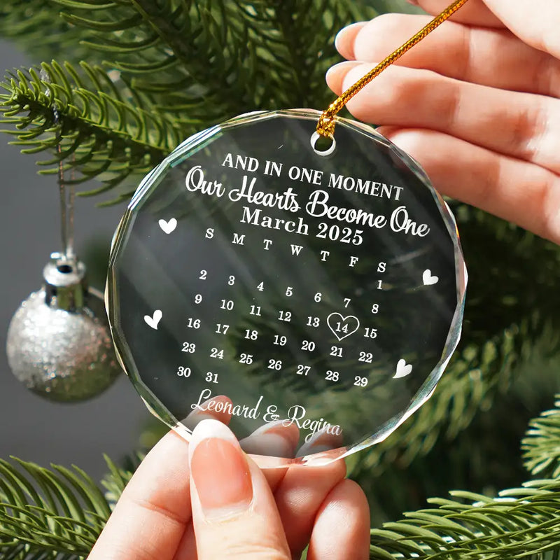 Calendar And In One Moment Our Hearts Become One - Personalized Circle Acrylic Ornament