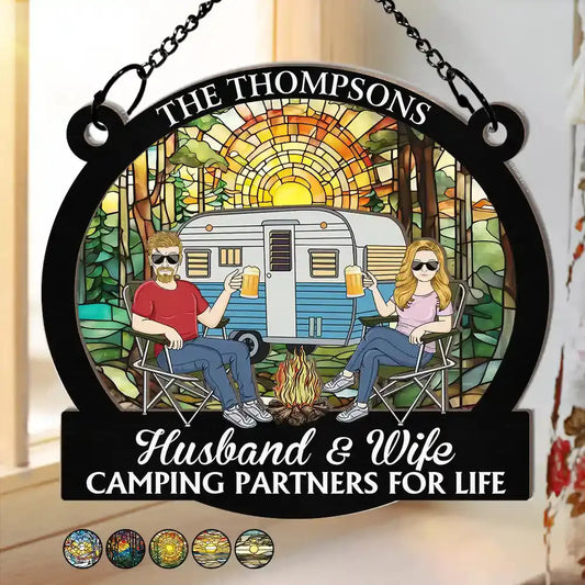 Camping Couple Husband & Wife Camping Partners For Life - Personalized Window Hanging Suncatcher Ornament Hanging Suncatcher Ornament The Next Custom Gift