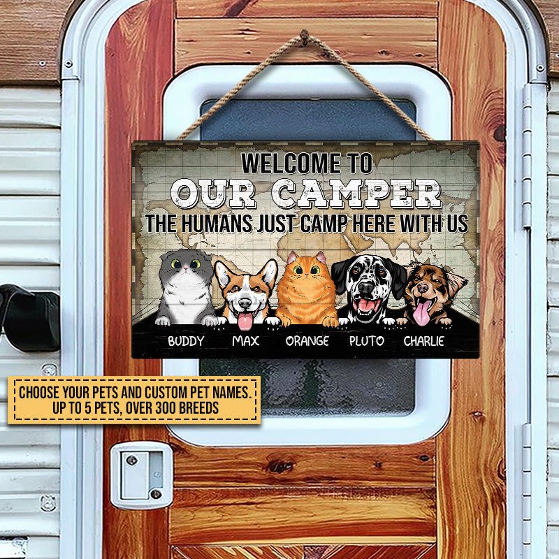Camping Dog, Cat, Pet, Camp, Welcome To Our Camper Custom Wood Rectangle Sign