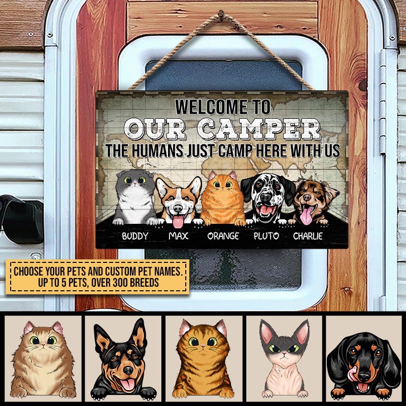 Camping Dog, Cat, Pet, Camp, Welcome To Our Camper Custom Wood Rectangle Sign