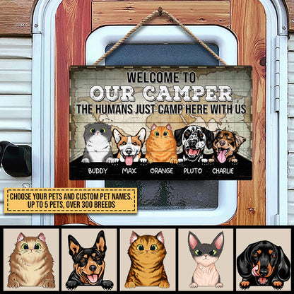 Camping Dog, Cat, Pet, Camp, Welcome To Our Camper Custom Wood Rectangle Sign