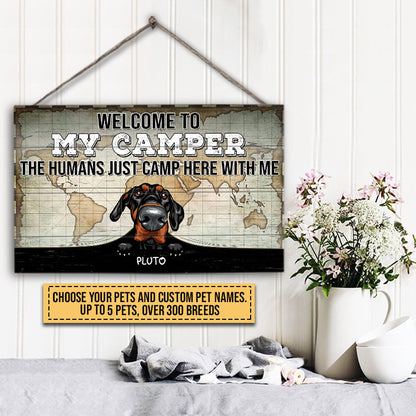 Camping Dog, Cat, Pet, Camp, Welcome To Our Camper Custom Wood Rectangle Sign