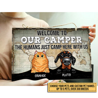 Camping Dog, Cat, Pet, Camp, Welcome To Our Camper Custom Wood Rectangle Sign