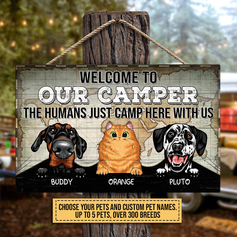 Camping Dog, Cat, Pet, Camp, Welcome To Our Camper Custom Wood Rectangle Sign