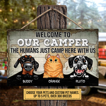 Camping Dog, Cat, Pet, Camp, Welcome To Our Camper Custom Wood Rectangle Sign
