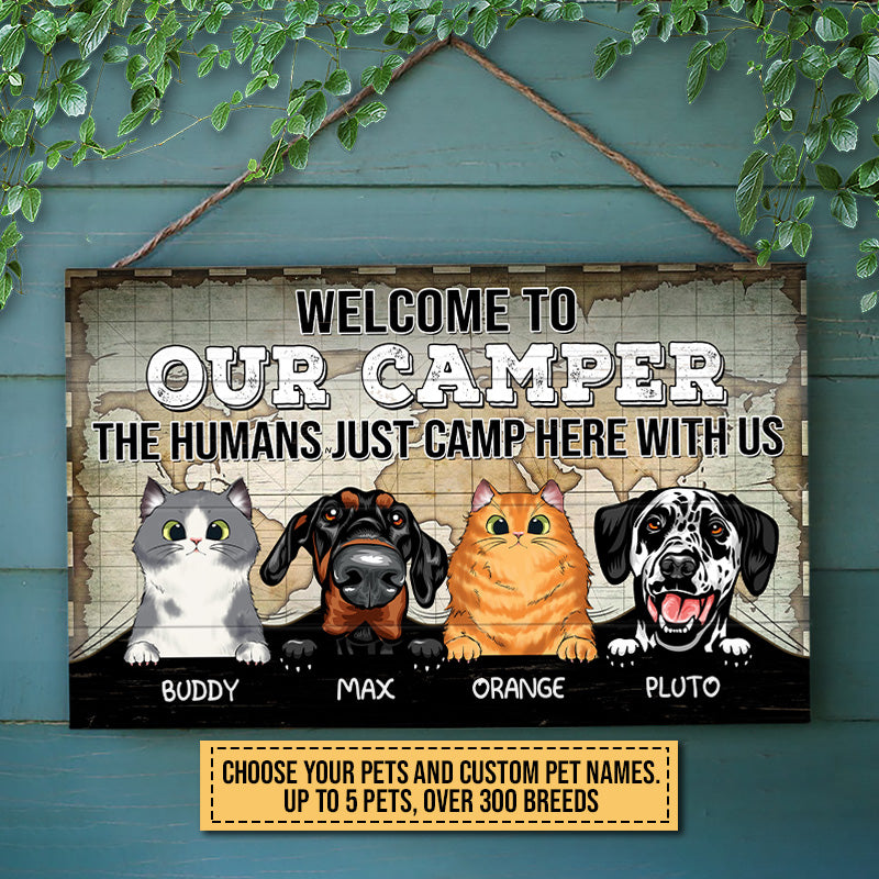 Camping Dog, Cat, Pet, Camp, Welcome To Our Camper Custom Wood Rectangle Sign