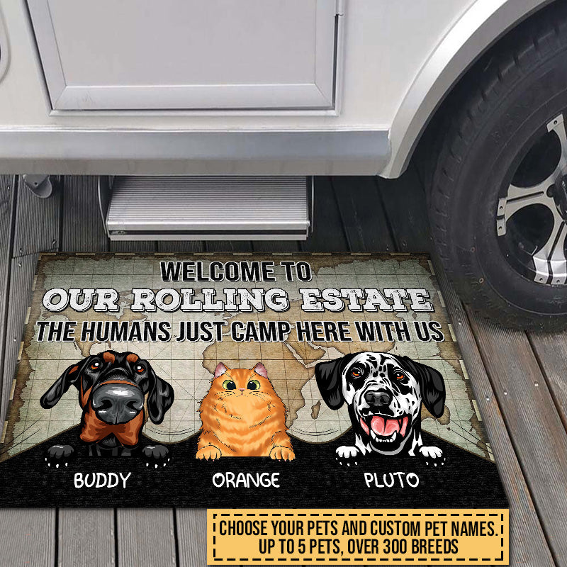 Camping Dog, Cat, Pet, Camper, RVs, Welcome Rolling Estate Custom Doormat