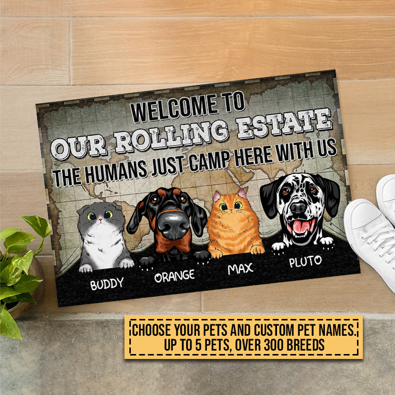 Camping Dog, Cat, Pet, Camper, RVs, Welcome Rolling Estate Custom Doormat