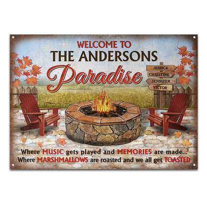 Camping Fire Pit Welcome To Our Paradise - Personalized Custom Classic Metal Signs