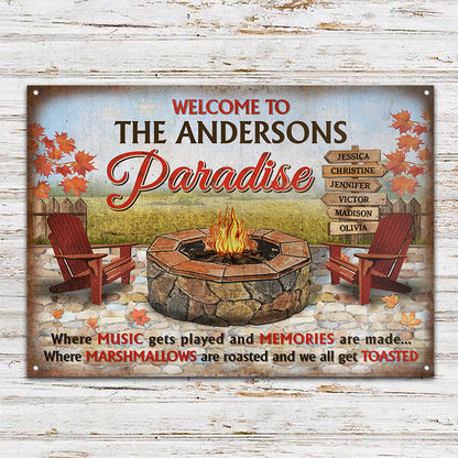 Camping Fire Pit Welcome To Our Paradise - Personalized Custom Classic Metal Signs