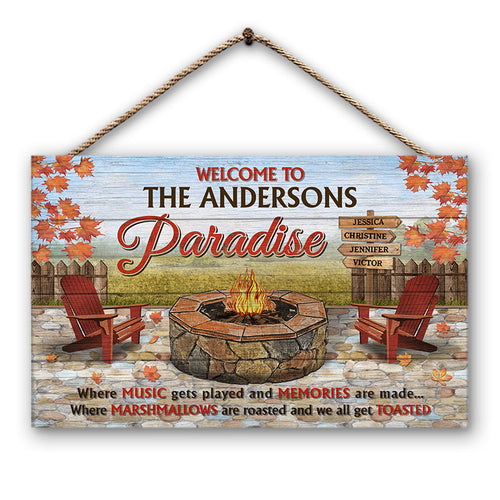 Camping Fire Pit Welcome To Our Paradise - Personalized Custom Wood Rectangle Sign