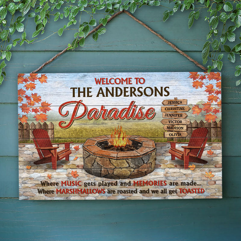 Camping Fire Pit Welcome To Our Paradise - Personalized Custom Wood Rectangle Sign