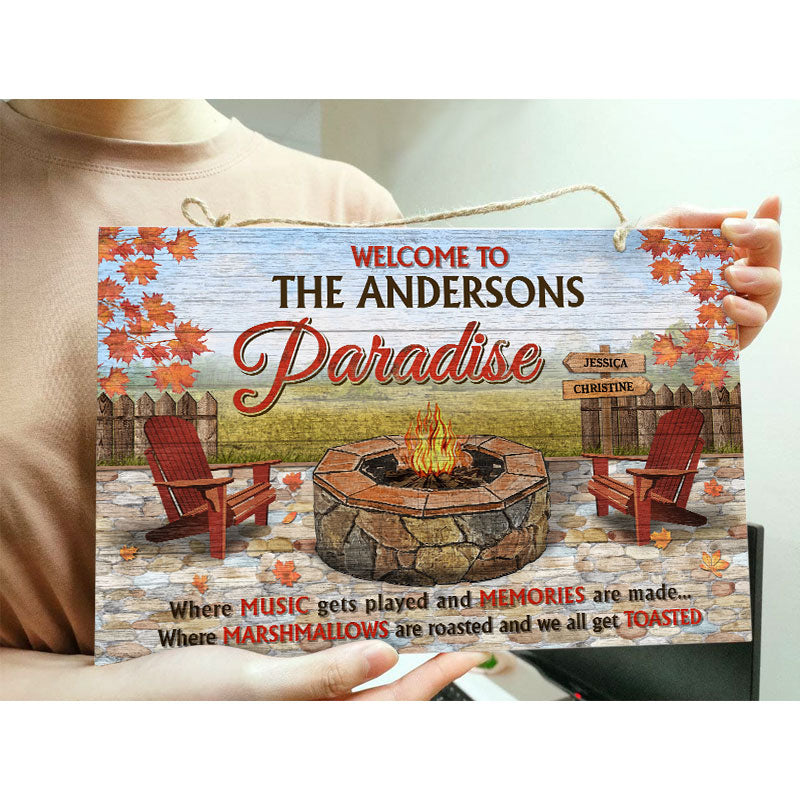Camping Fire Pit Welcome To Our Paradise - Personalized Custom Wood Rectangle Sign