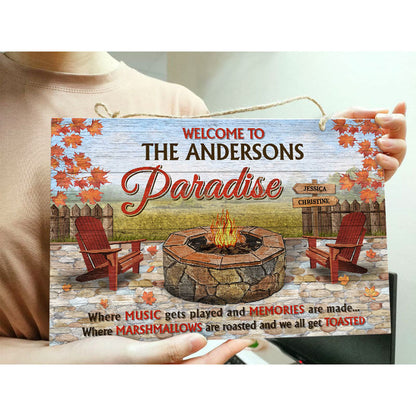 Camping Fire Pit Welcome To Our Paradise - Personalized Custom Wood Rectangle Sign
