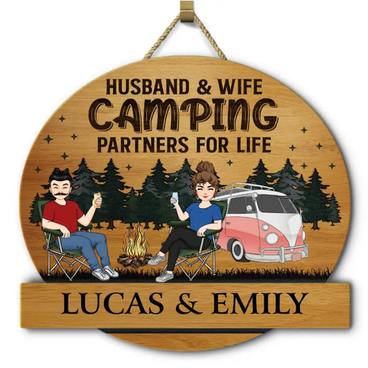 Camping Lover - Couple Husband & Wife Camping Partners For Life - Personalized Custom Shaped Wood Sign Wood Sign The Next Custom Gift