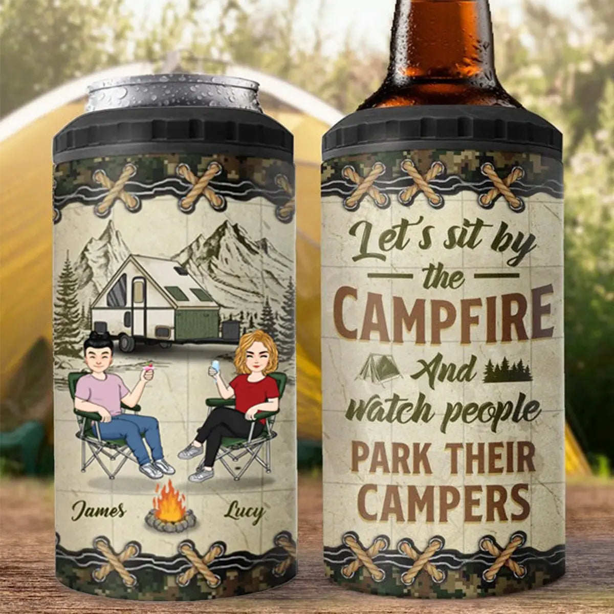 Camping Lovers- Let's Sit By The Campsite - Personalized 4 In 1 Can Cooler Tumbler Can Cooler Tumbler The Next Custom Gift