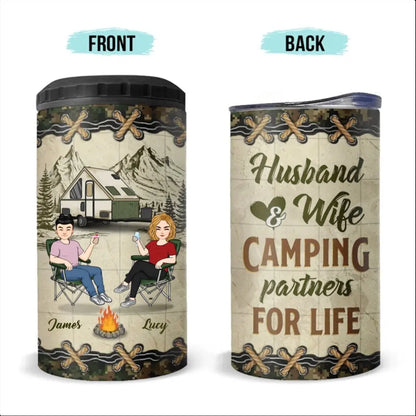 Camping Lovers- Let's Sit By The Campsite - Personalized 4 In 1 Can Cooler Tumbler Can Cooler Tumbler The Next Custom Gift