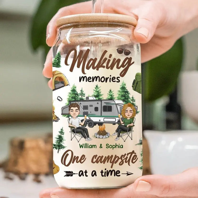 Camping Lovers - Making Memories One Campsite At A Time - Personalize Drinking Jar Drinking Jar The Next Custom Gift