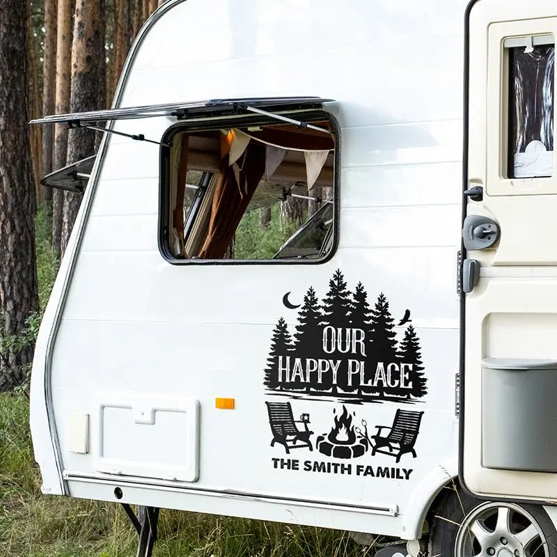 Camping Lovers - Our Happy Place - Camping Personalized Custom RV Decal Car Decal The Next Custom Gift