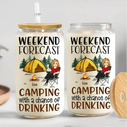 Camping Lovers - Weekend Forecast Camping With A Chance Of Drinking - Personalize Drinking Jar Drinking Jar The Next Custom Gift