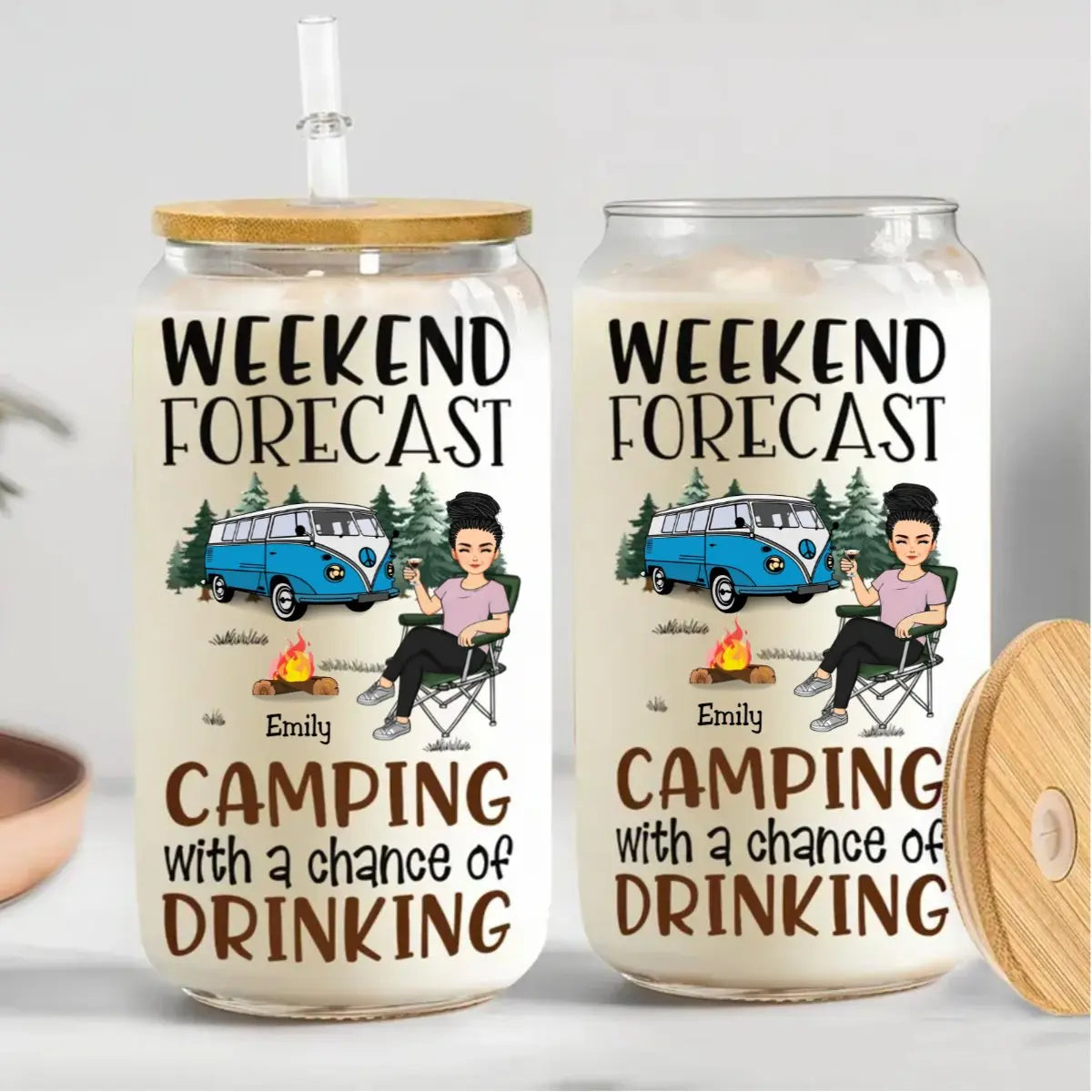 Camping Lovers - Weekend Forecast Camping With A Chance Of Drinking - Personalize Drinking Jar Drinking Jar The Next Custom Gift