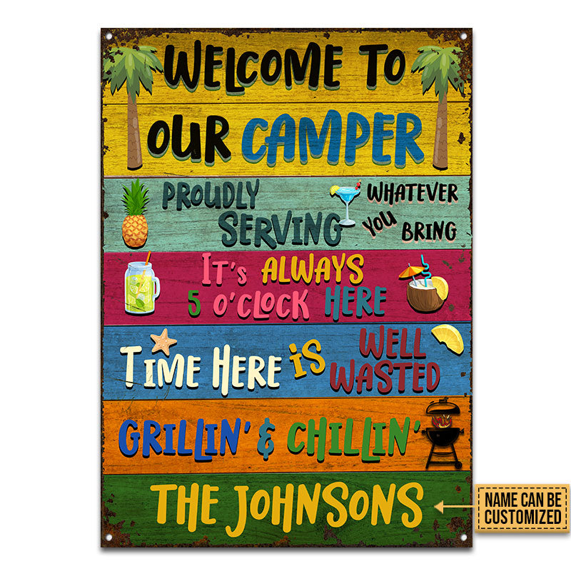 Camping Welcome To Our Camper Custom Classic Metal Signs, Camping Decoration, Camping Gift