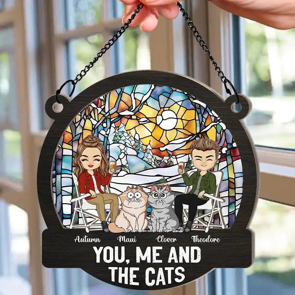 Camping You, Me And The Cats - Personalized Window Hanging Suncatcher Ornament Hanging Suncatcher Ornament The Next Custom Gift