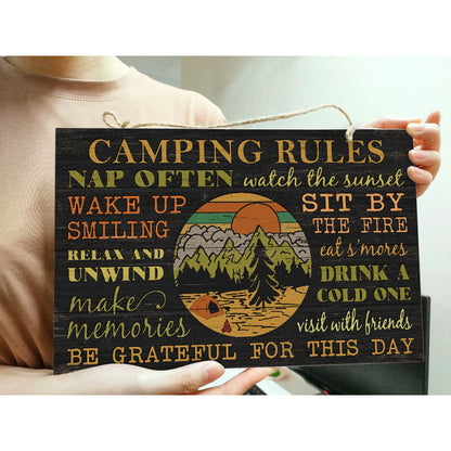 Camping Rules Nap Often Customized Wood Rectangle Sign
