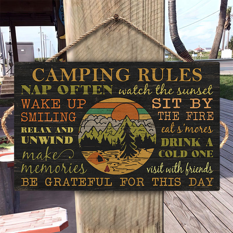 Camping Rules Nap Often Customized Wood Rectangle Sign