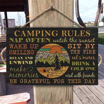 Camping Rules Nap Often Customized Wood Rectangle Sign