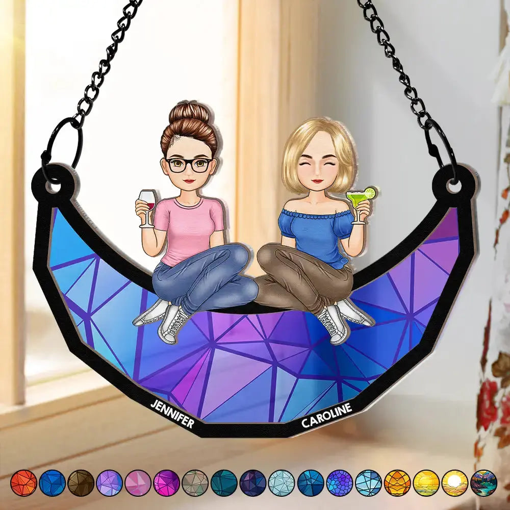 Cartoon Besties Friends Sitting On The Moon - Personalized Window Hanging Suncatcher Ornament Hanging Suncatcher Ornament The Next Custom Gift