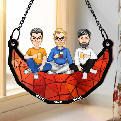 Cartoon Besties Friends Sitting On The Moon - Personalized Window Hanging Suncatcher Ornament Hanging Suncatcher Ornament The Next Custom Gift