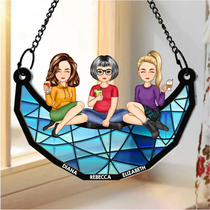 Cartoon Besties Friends Sitting On The Moon - Personalized Window Hanging Suncatcher Ornament Hanging Suncatcher Ornament The Next Custom Gift