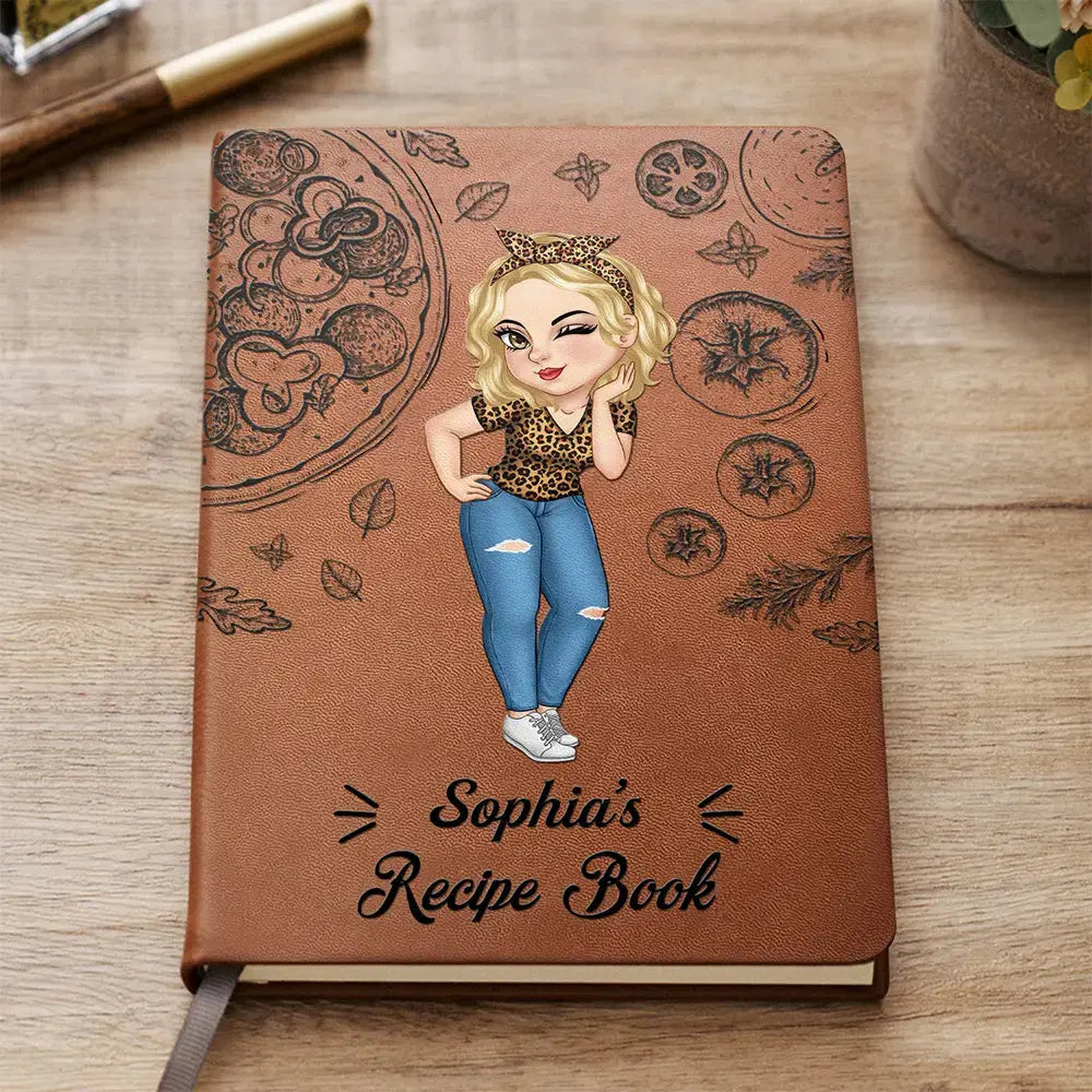 Cartoon Woman Recipe Book - Personalized Leather Journal Leather Journal The Next Custom Gift