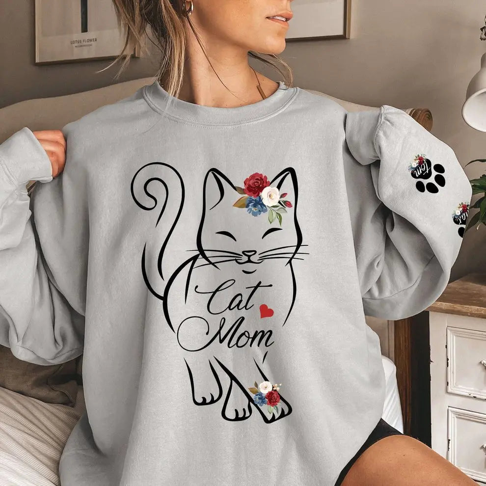 Cat Lover - Cat Mom Custom Pawprints On Sleeve - Personalized Sweatshirt - The Next Custom Gift  Shirts & Tops