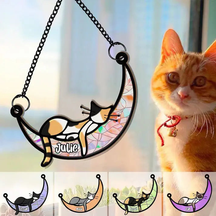 Cat Lovers - Sleeping Cat On Moon - Personalized Window Hanging Suncatcher Ornament (HJ) Hanging Suncatcher Ornament The Next Custom Gift