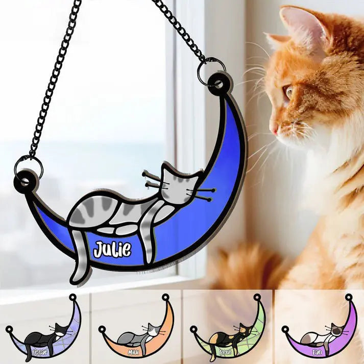 Cat Lovers - Sleeping Cat On Moon - Personalized Window Hanging Suncatcher Ornament (HJ) Hanging Suncatcher Ornament The Next Custom Gift