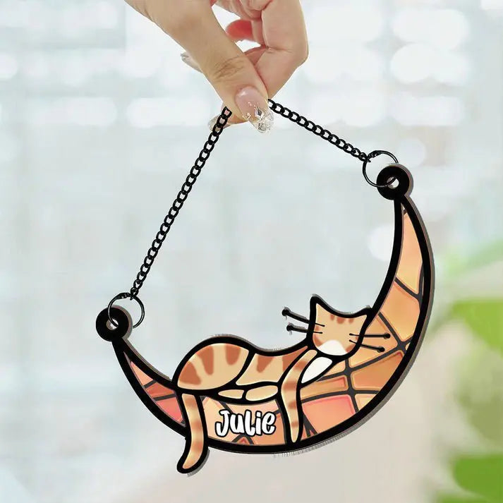 Cat Lovers - Sleeping Cat On Moon - Personalized Window Hanging Suncatcher Ornament (HJ) Hanging Suncatcher Ornament The Next Custom Gift