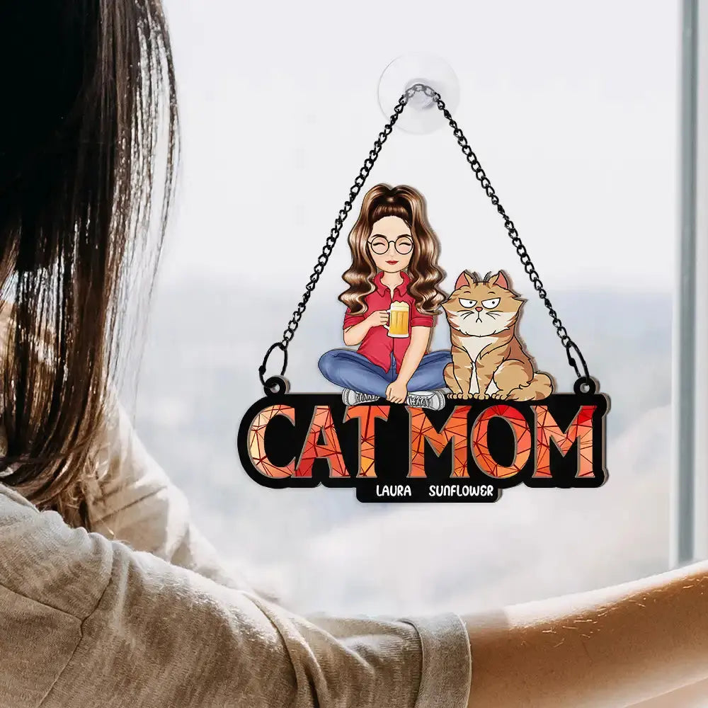 Cat Mom Funny Cartoon Cats - Personalized Window Hanging Suncatcher Ornament Hanging Suncatcher Ornament The Next Custom Gift