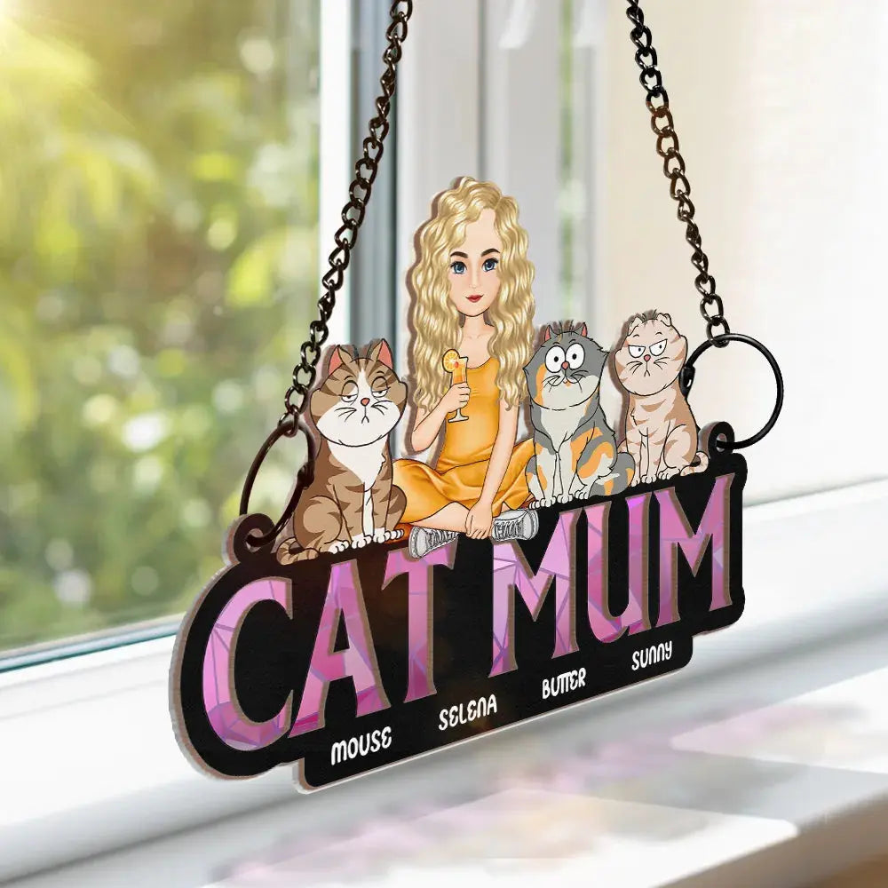 Cat Mom Funny Cartoon Cats - Personalized Window Hanging Suncatcher Ornament Hanging Suncatcher Ornament The Next Custom Gift