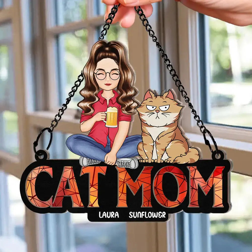 Cat Mom Funny Cartoon Cats - Personalized Window Hanging Suncatcher Ornament Hanging Suncatcher Ornament The Next Custom Gift