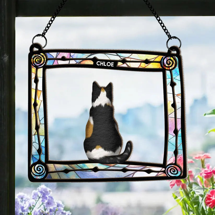 Cat Sitting In Frame - Personalized Window Hanging Suncatcher Ornament Hanging Suncatcher Ornament The Next Custom Gift