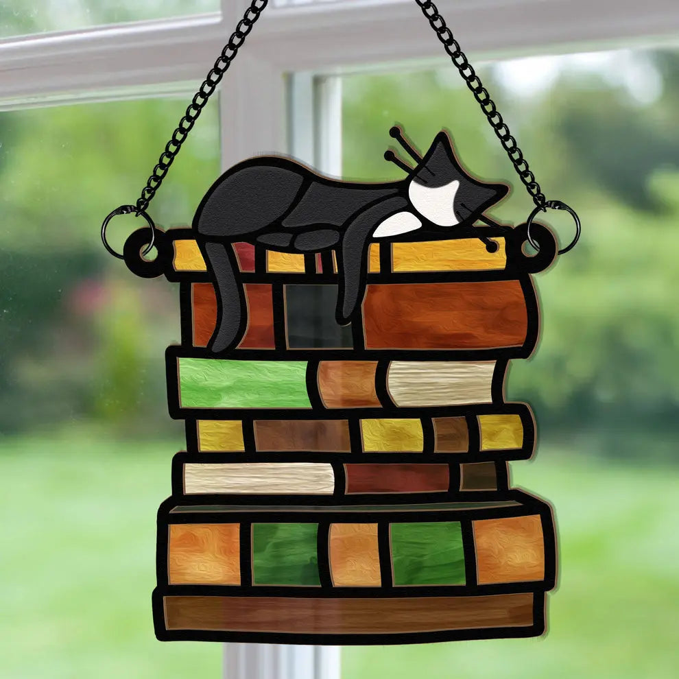 Cat Sleeping On Books - Personalized Window Hanging Suncatcher Ornament Hanging Suncatcher Ornament The Next Custom Gift